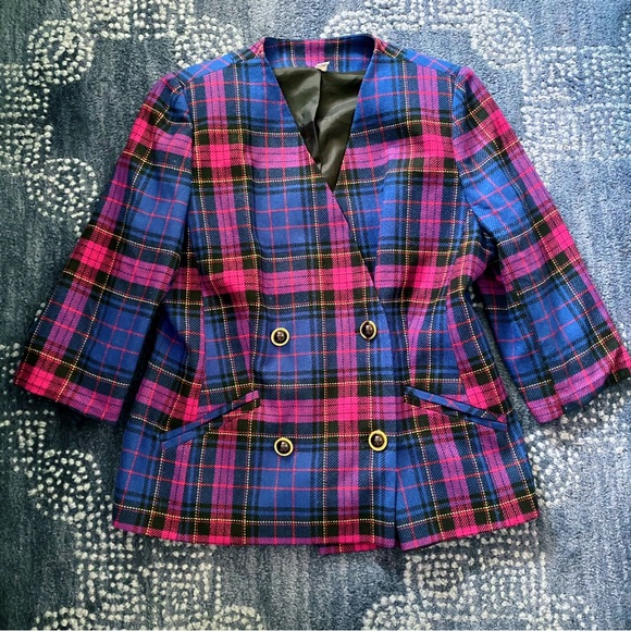 💙 CLASSY BLUE PINK MULTI PLAID BLAZER JACKET! - Picture 7 of 15